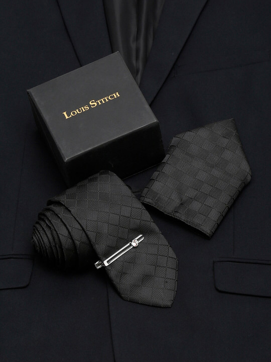 LOUIS STITCH Men Sable Black Italian Silk Necktie Accessory Gift Set