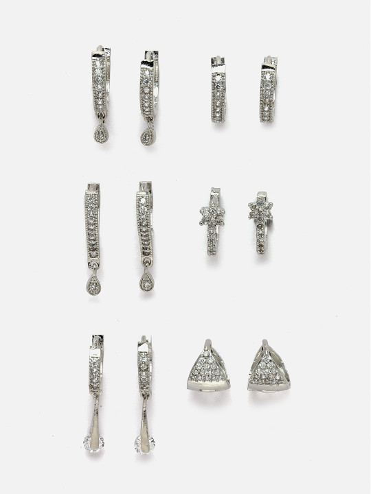 Aazeen Set Of 6 Rhodium-Plated Contemporary Drop Earrings