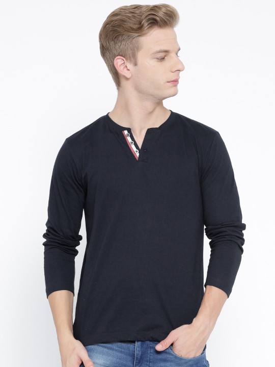 Men Blue Solid Henley Neck T-shirt M