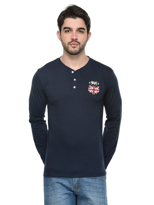Men Blue Solid Henley Neck T-shirt M