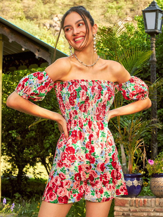 SASSAFRAS Red & White Floral Printed Off-Shoulder Smocked Playsuit