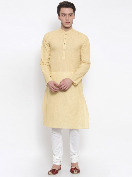 Men Beige & White Striped Kurta with Churidar S