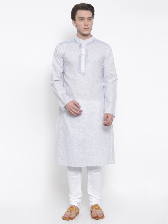 Men Blue & White Self-Design Kurta with Churidar M