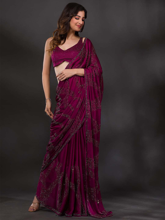 Koskii Women Swarovski Wine Satin Saree With Unstitched Blouse