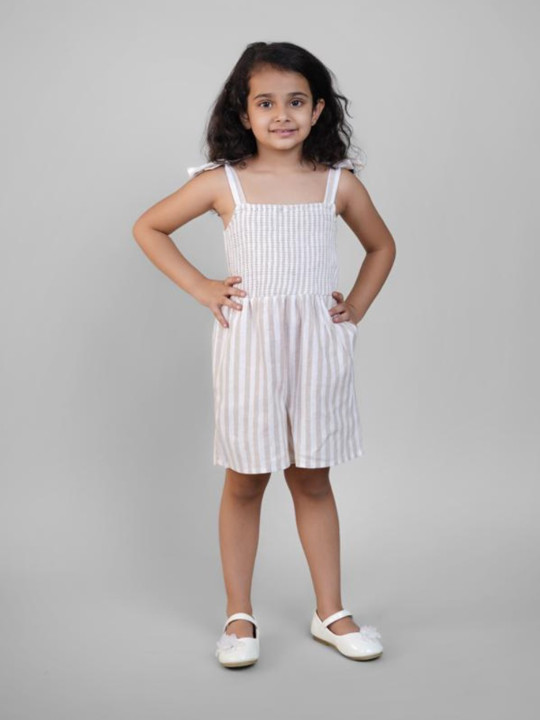 Biglilpeople Girls Striped Smocked Cotton Linen Play Jumpsuit