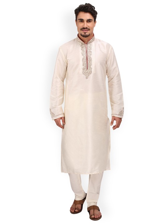 Men Cream-Coloured Embroidered Kurta with Churidar S