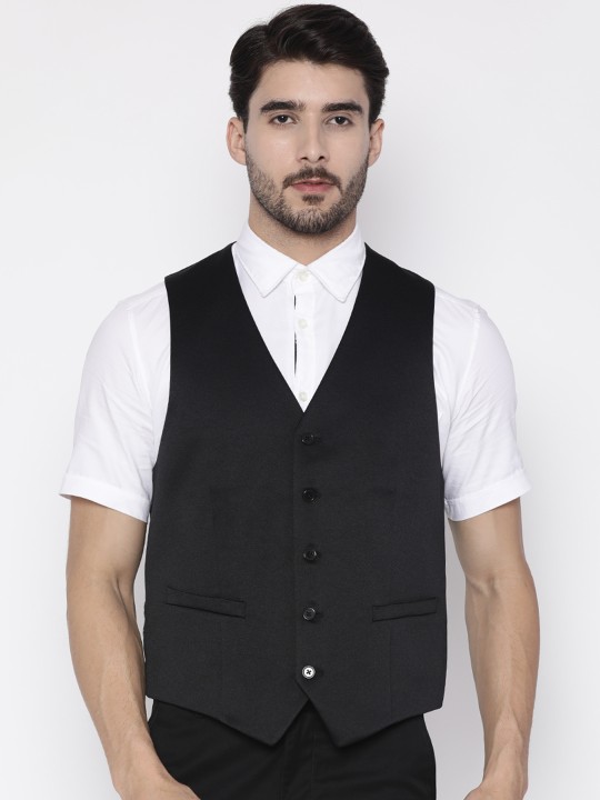 Men Black Solid Waistcoat 36