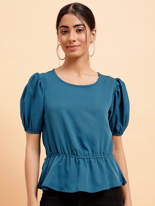 Mint Street Round Neck Puff Sleeve Peplum Top