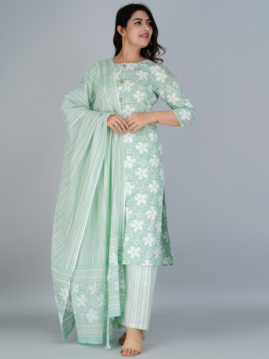 KALINI Floral Printed Regular Pure Cotton Kurta with Palazzos & With Dupatta