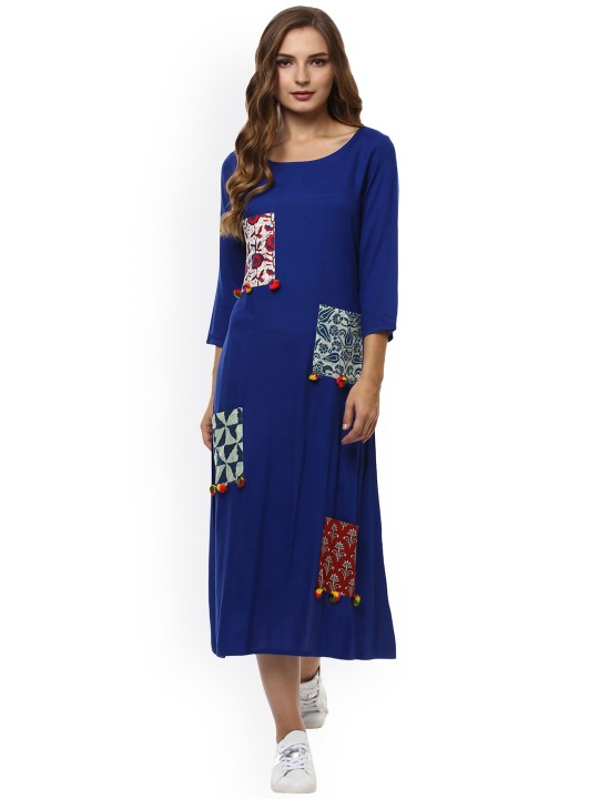 Women Blue Solid A-Line Dress S
