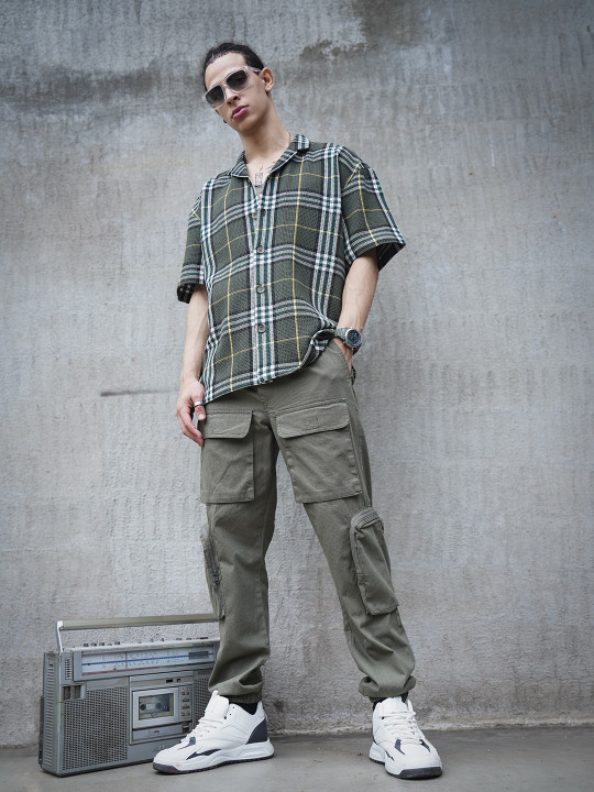The Indian Garage Co Men Relaxed Fit Checkered Waffle Textured Resortwear Shirt