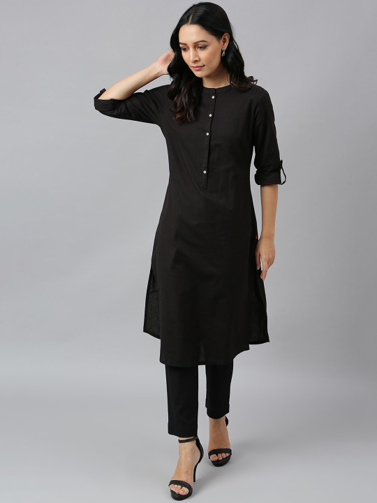 W Black Mandarin Collar Roll-Up Sleeves A-Line Kurta