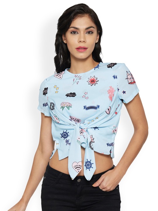 Women Blue Printed Boxy Crop Top XS