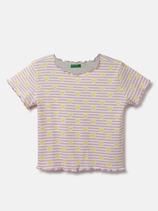 United Colors of Benetton Girls Round Neck Striped & Conversational Printed Cotton Top