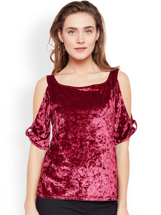 Women Maroon Solid Cold Shoulder Top XS