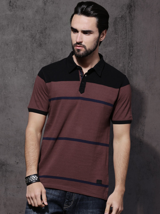 Roadster Men Brown & Black Striped Polo Collar T-shirt