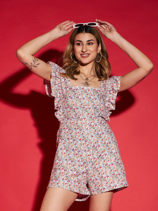 SASSAFRAS White Floral Print Playsuit With Ruffles