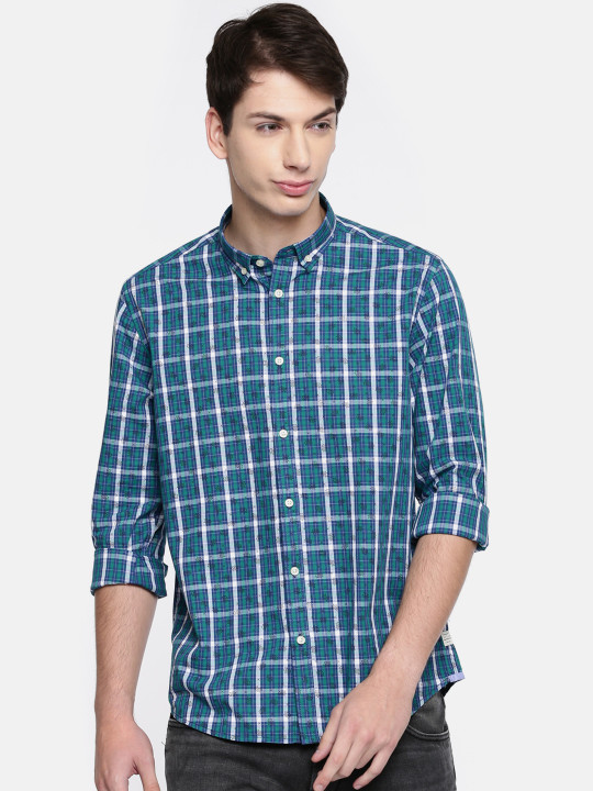Blackberrys Men Green & Blue Slim Fit Checked Casual Shirt