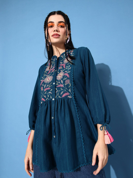Sangria Blue & Pink Floral Embroidered Puff Sleeves A-Line Top