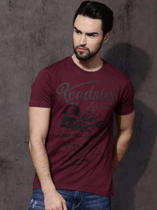 Roadster Men Maroon Printed Round Neck T-Shirt