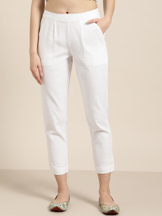 KALINI Women White Relaxed Mid-Rise Slim Fit Cotton Cigarette Trousers