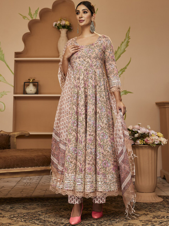 Divena Floral Block Printed Gotta Patti Anarkali Pure Cotton Kurta with Trousers & Dupatta