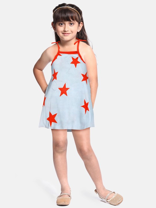 A.T.U.N. Girls Stars Printed Tie-Up Shoulder Straps Cotton A-Line Dress