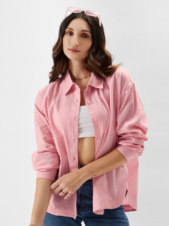 Women Oversized Solid Pink Shirts