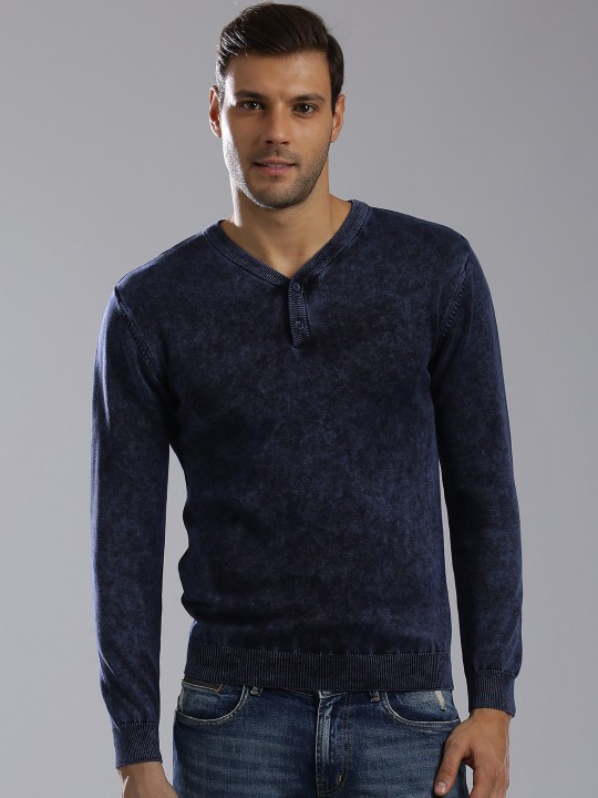 Men Blue Solid Pullover M