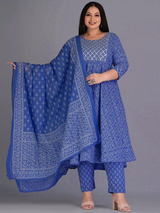 KALINI Ethnic Motifs Printed Gotta Patti Pure Cotton Kurta with Trousers & Dupatta