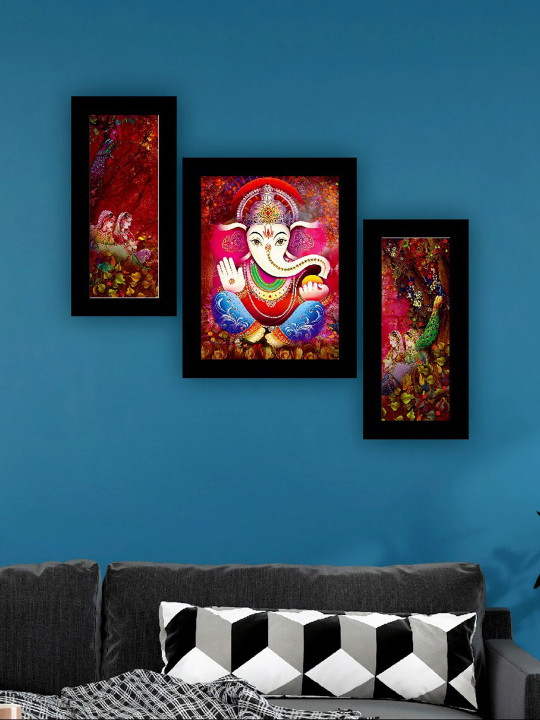 SAF Purple & Blue 3 Pieces Lord Ganesha And Peacock Painting UV Coating Wall Arts