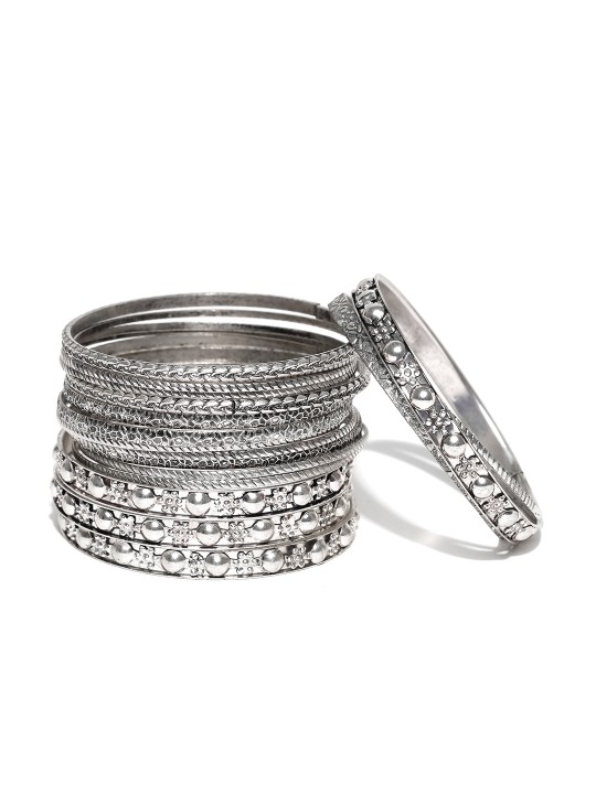 Set of 18 Oxidised Silver-Toned Bangles