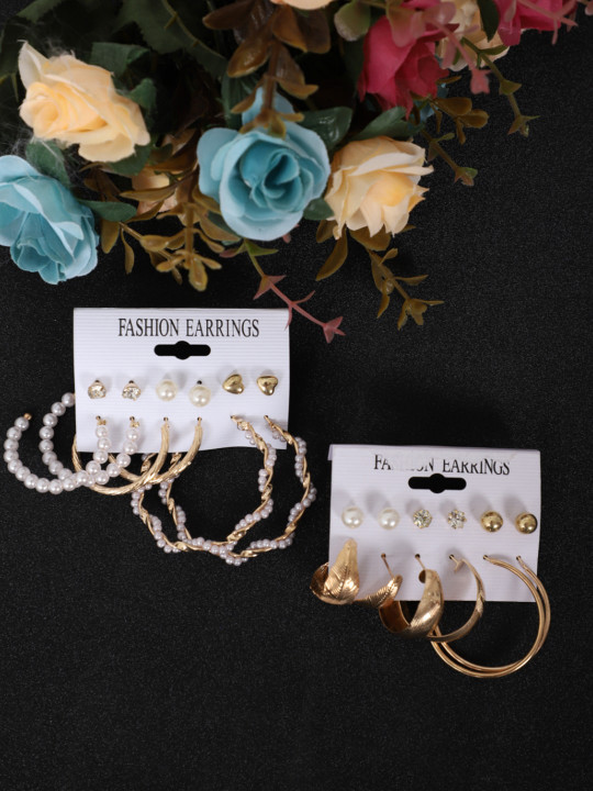 DressBerry Set Of 12 Gold-Plated Contemporary Earrings