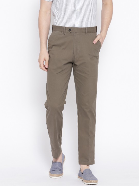 by Marks & Spencer Men Olive Brown Regular Fit Solid Trousers 30