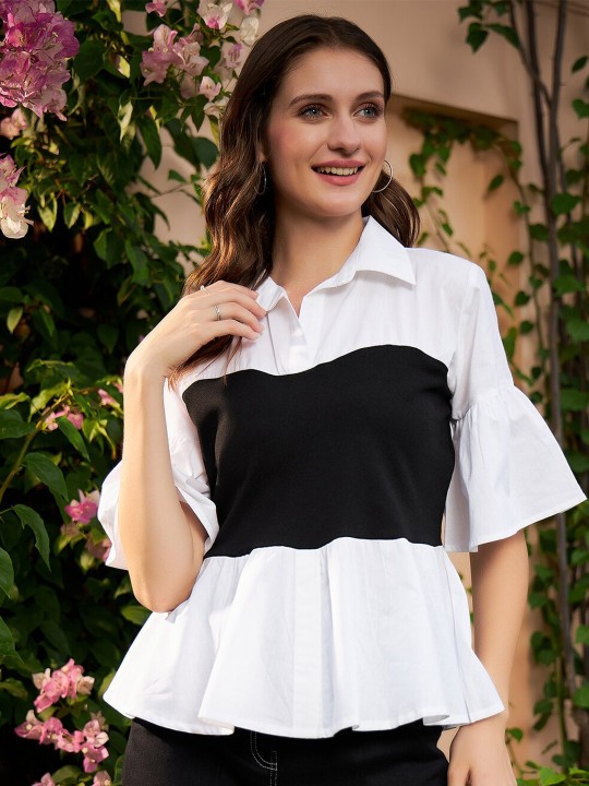 White & Black Colourblocked Pure Cotton Peplum Top deal from myntra