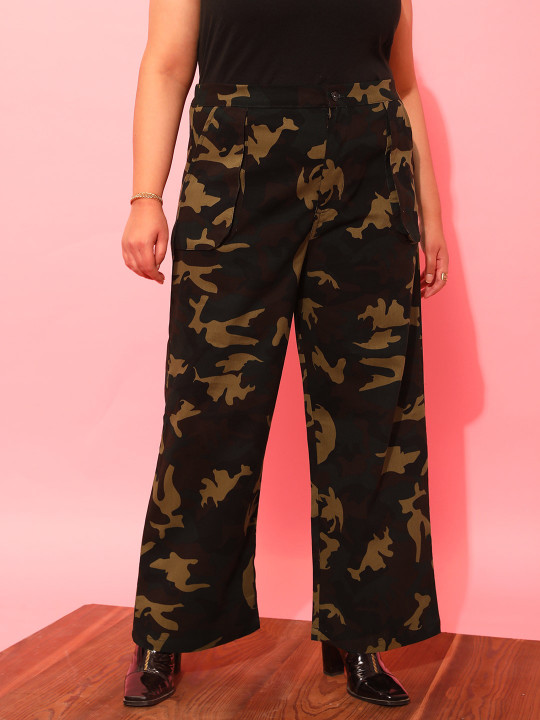 CURVY STREET Women Plus Size Olive Green Printed Pure Cotton Wide Leg Trousers