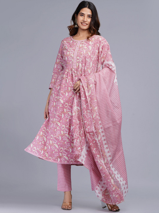 KALINI Floral Printed Pure Cotton Kurta With Pyjamas & With Dupatta
