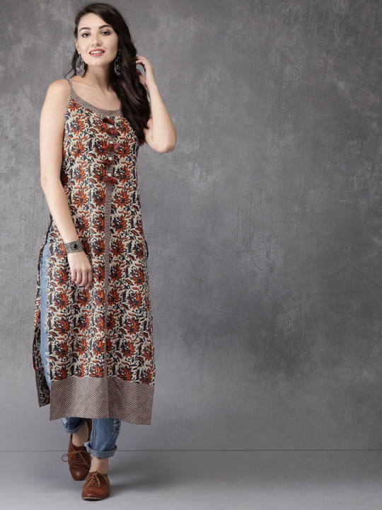 Anouk X fwd Women Off-White & Navy Printed A-Line Kurta