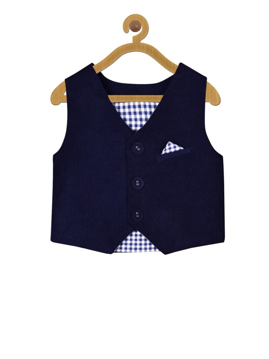 Boys Blue Solid Cordroy Waistcoat 1-2Y