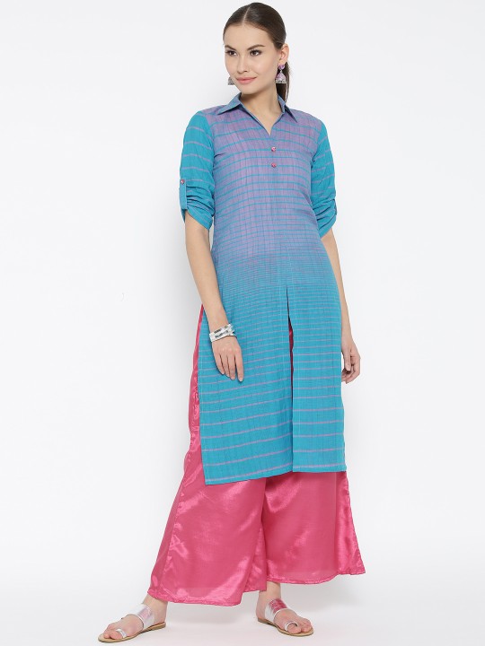Women Blue & Pink Striped Kurta with Palazzos S