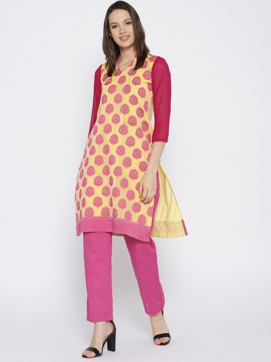 Women Yellow & Pink Self Design Kurta with Trousers S