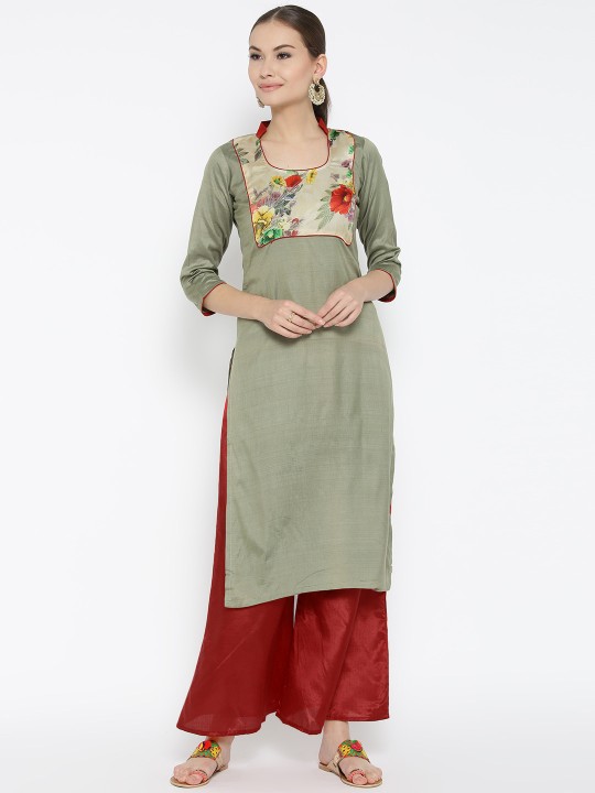 Women Olive Green & Red Printed Kurta with Palazzos S
