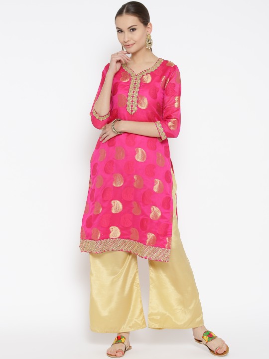 Women Pink & Beige Self-Design Kurta with Palazzos S