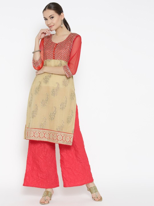 Women Beige & Coral Orange Self-Design Kurta with Palazzos S