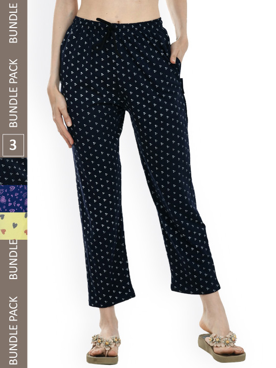 IndiWeaves Women Pack Of 3 Pure Cotton Printed Straight Lounge Pants