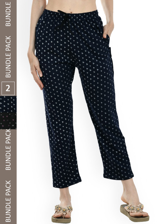 IndiWeaves Women Pack Of 2 Printed Mid-Rise Pure Cotton Lounge Pants