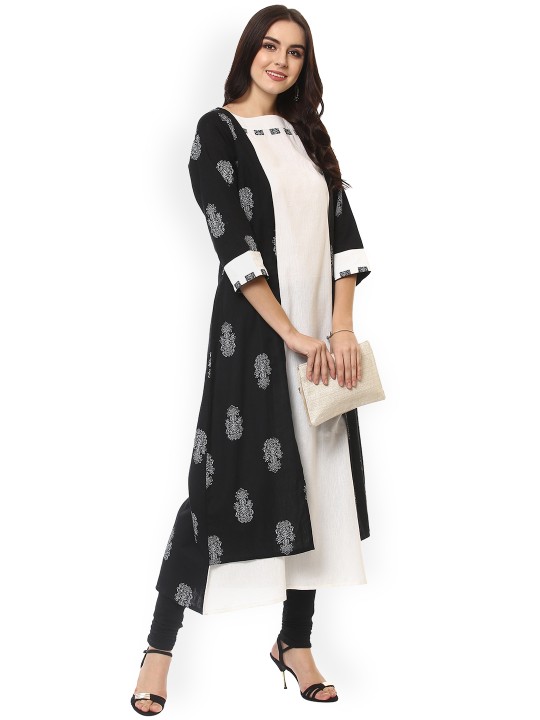Women White & Black Printed A-Line Kurta XXL
