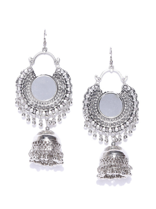 Sangria Silver-Plated Oxidised Mirror Work Dome Shaped Jhumkas