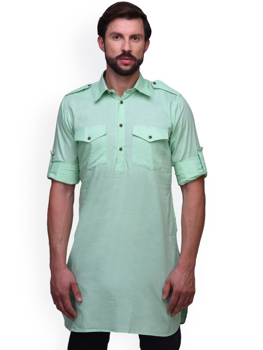 Men Sea Green Linen Solid Pathani Kurta S