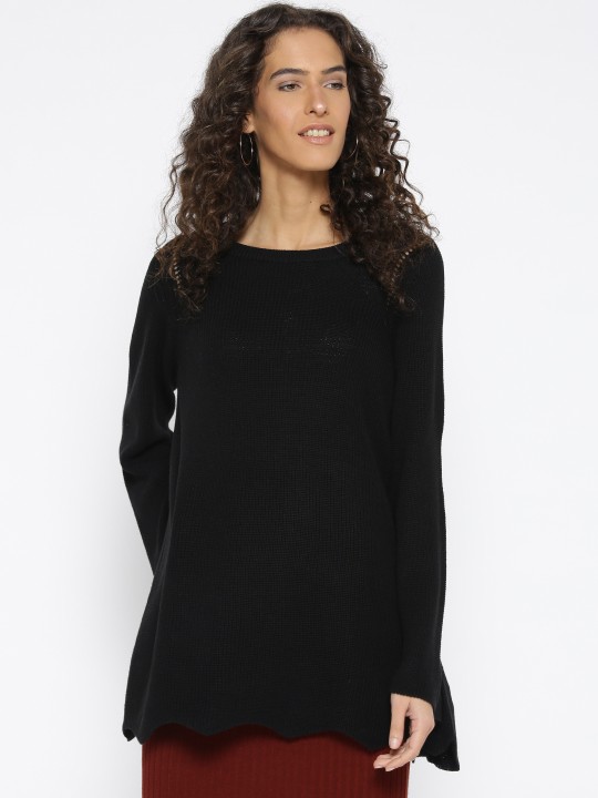Women Black Ribbed Pullover S